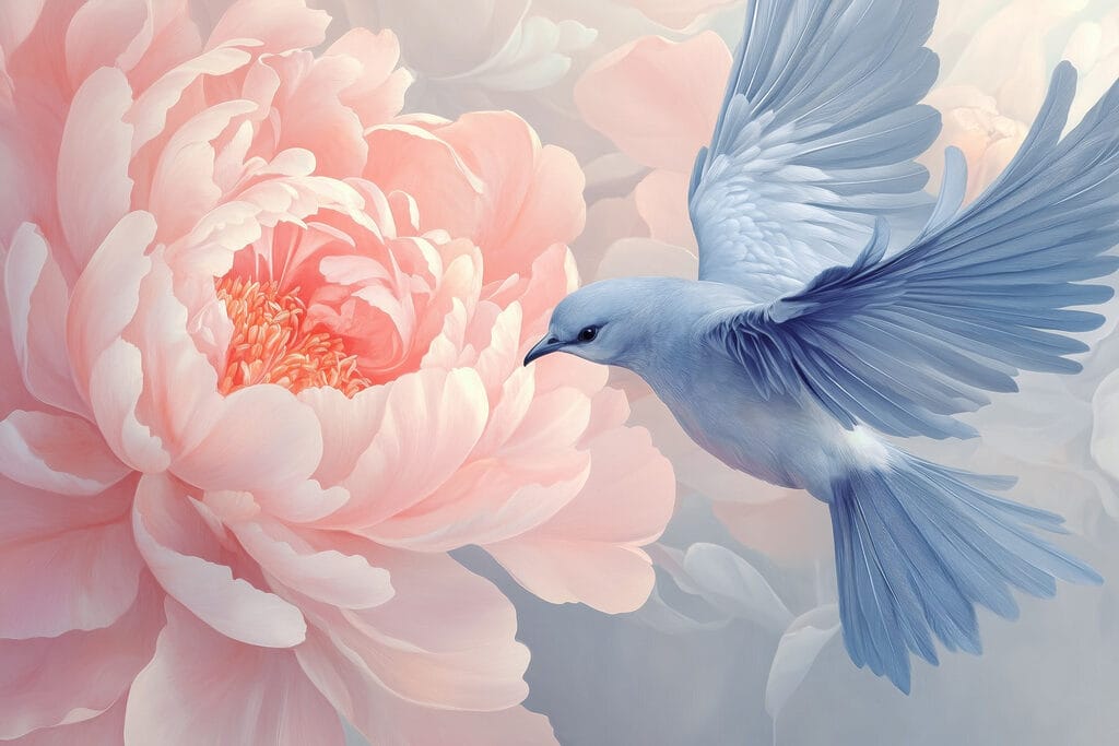 Vogel an rosa Pfingstrose — ganzes Design