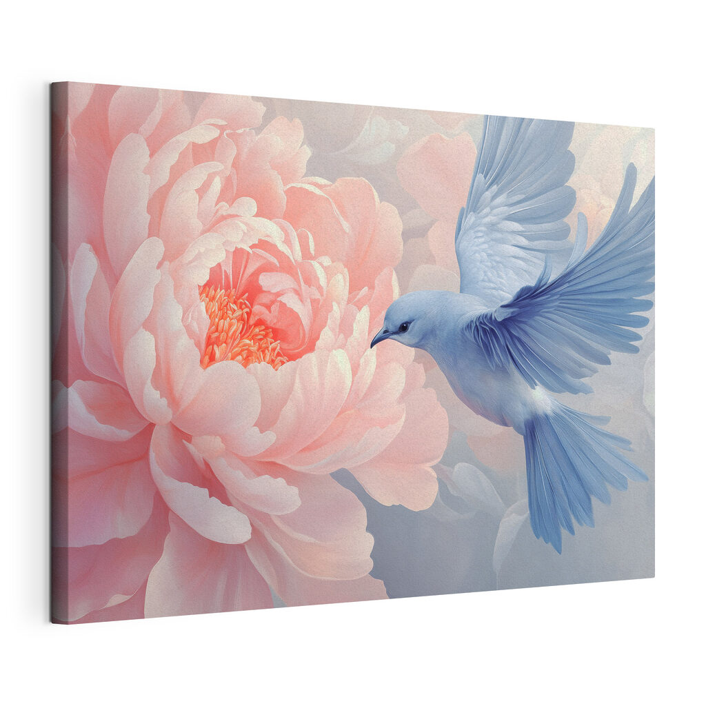 Vogel an rosa Pfingstrose, gespannte Leinwand mit umlaufender Kante