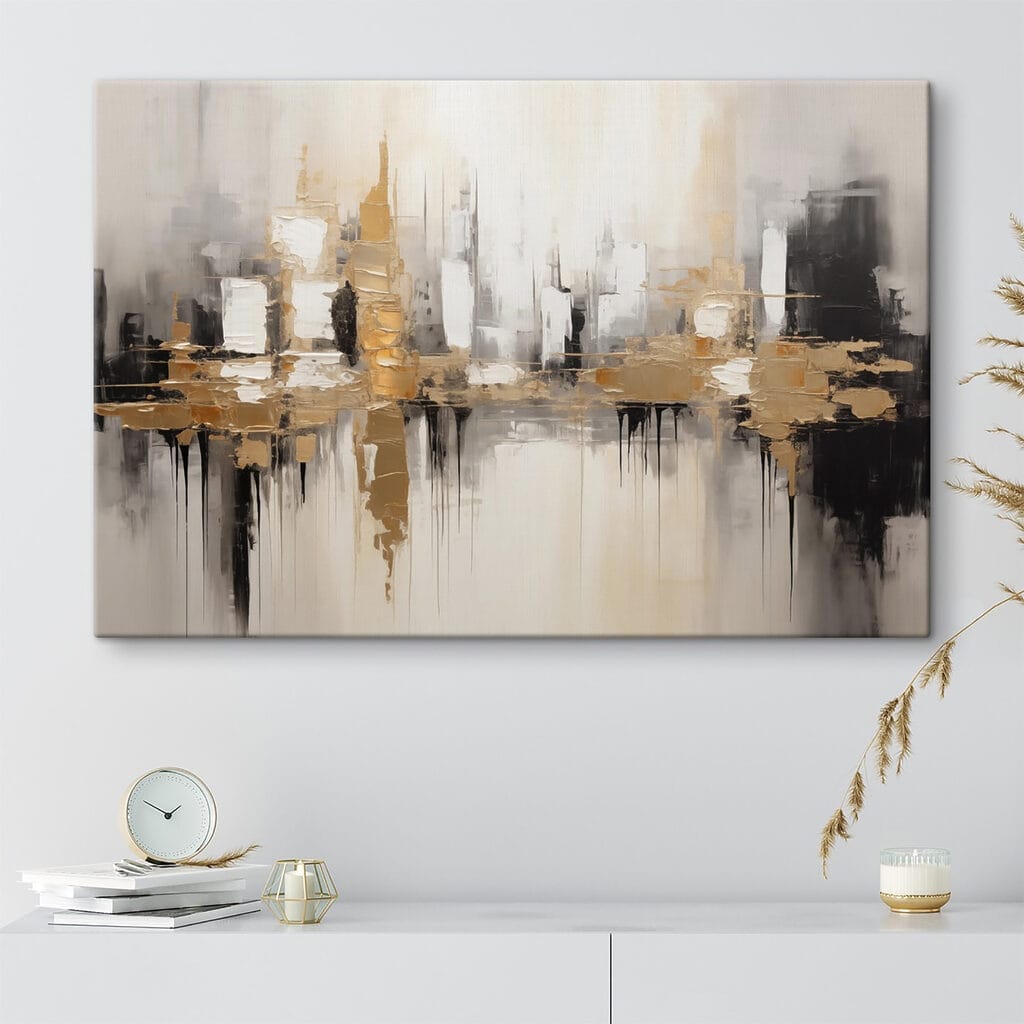 Stadt in goldenen Spiegelungen in einem Interieur