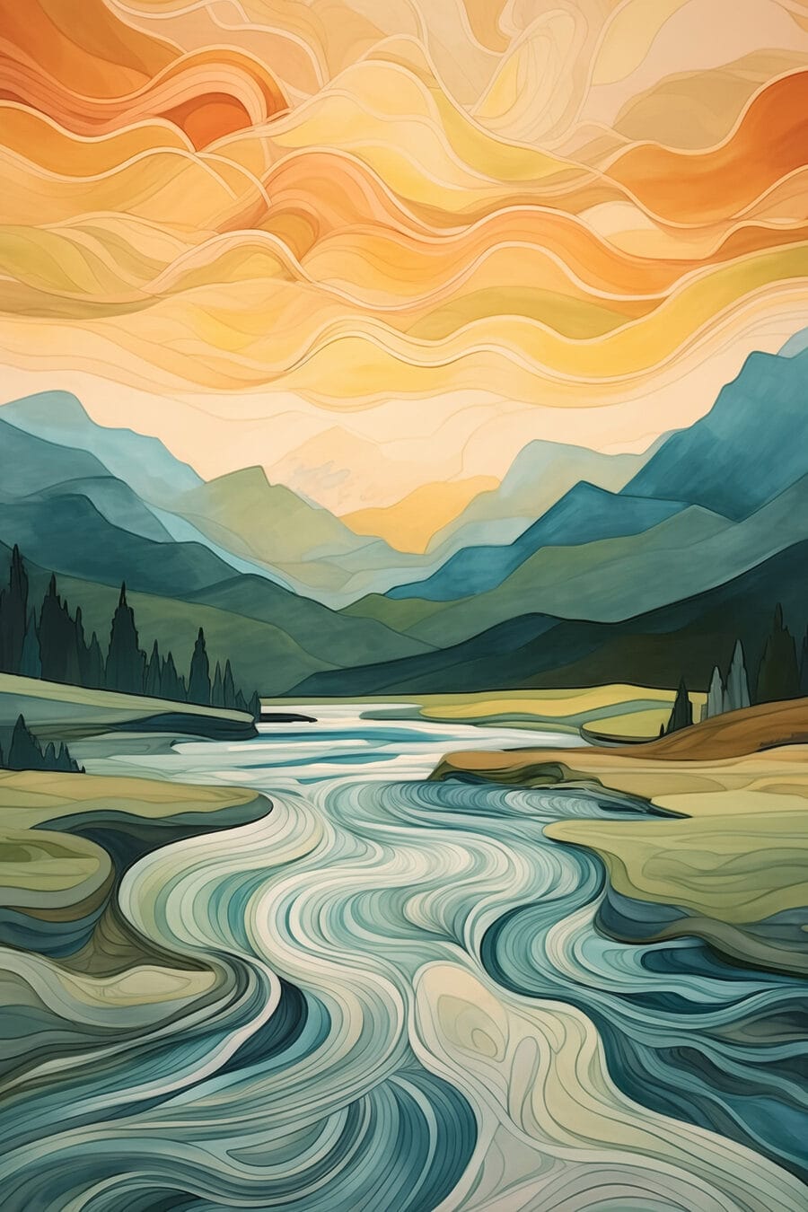 Fluss unter orangefarbenem Himmel — ganzes Design