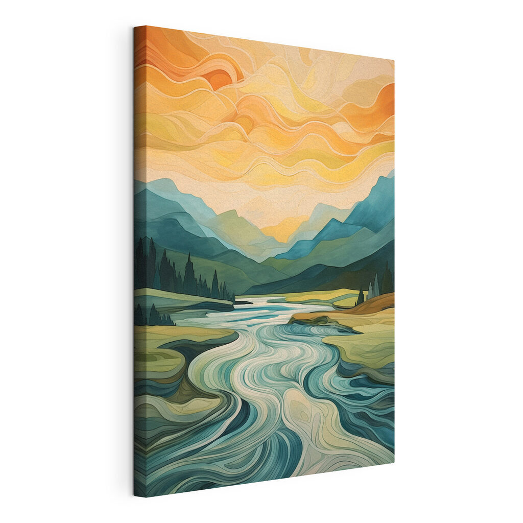 Fluss unter orangefarbenem Himmel, gespannte Leinwand mit umlaufender Kante