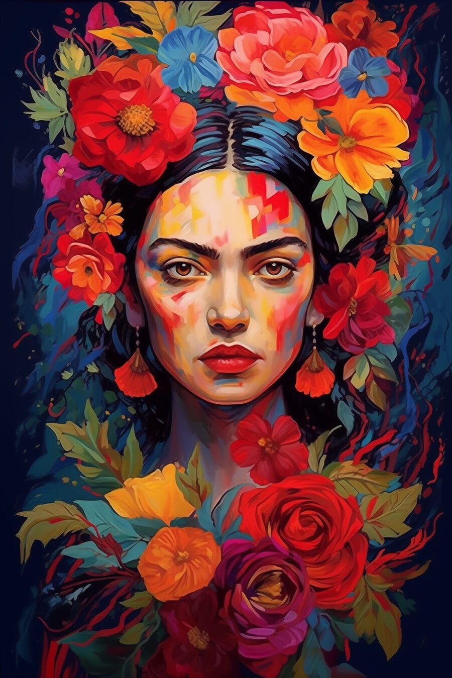 Frida zwischen feurigen Blüten — ganzes Design