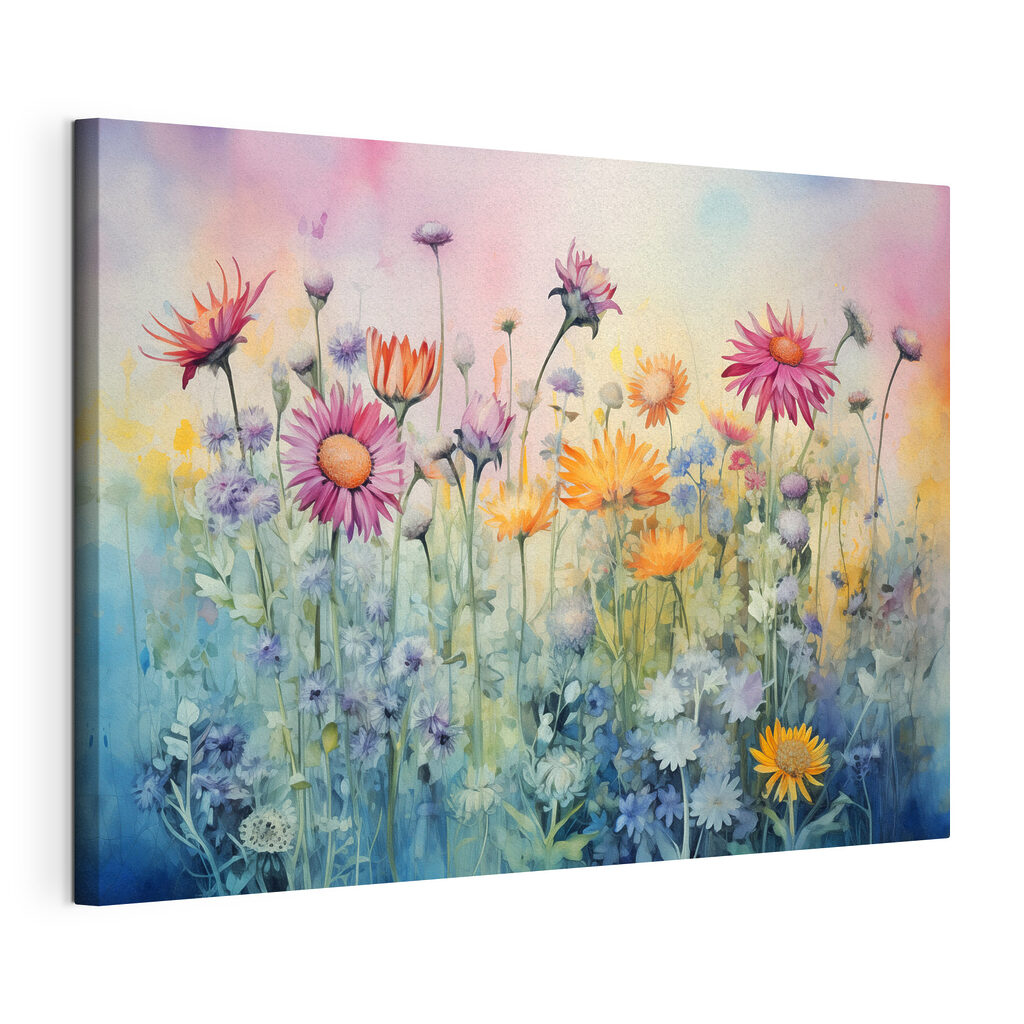 Wildblumen im rosa Morgenlicht, gespannte Leinwand mit umlaufender Kante