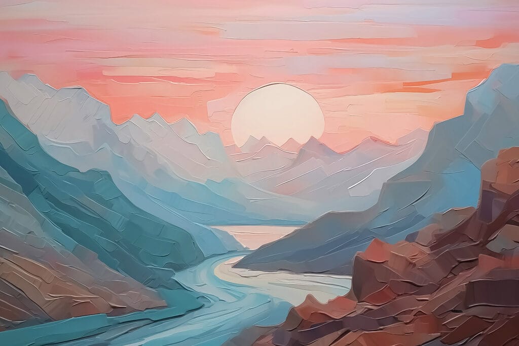 Flussschlucht unter rosa Sonne — ganzes Design
