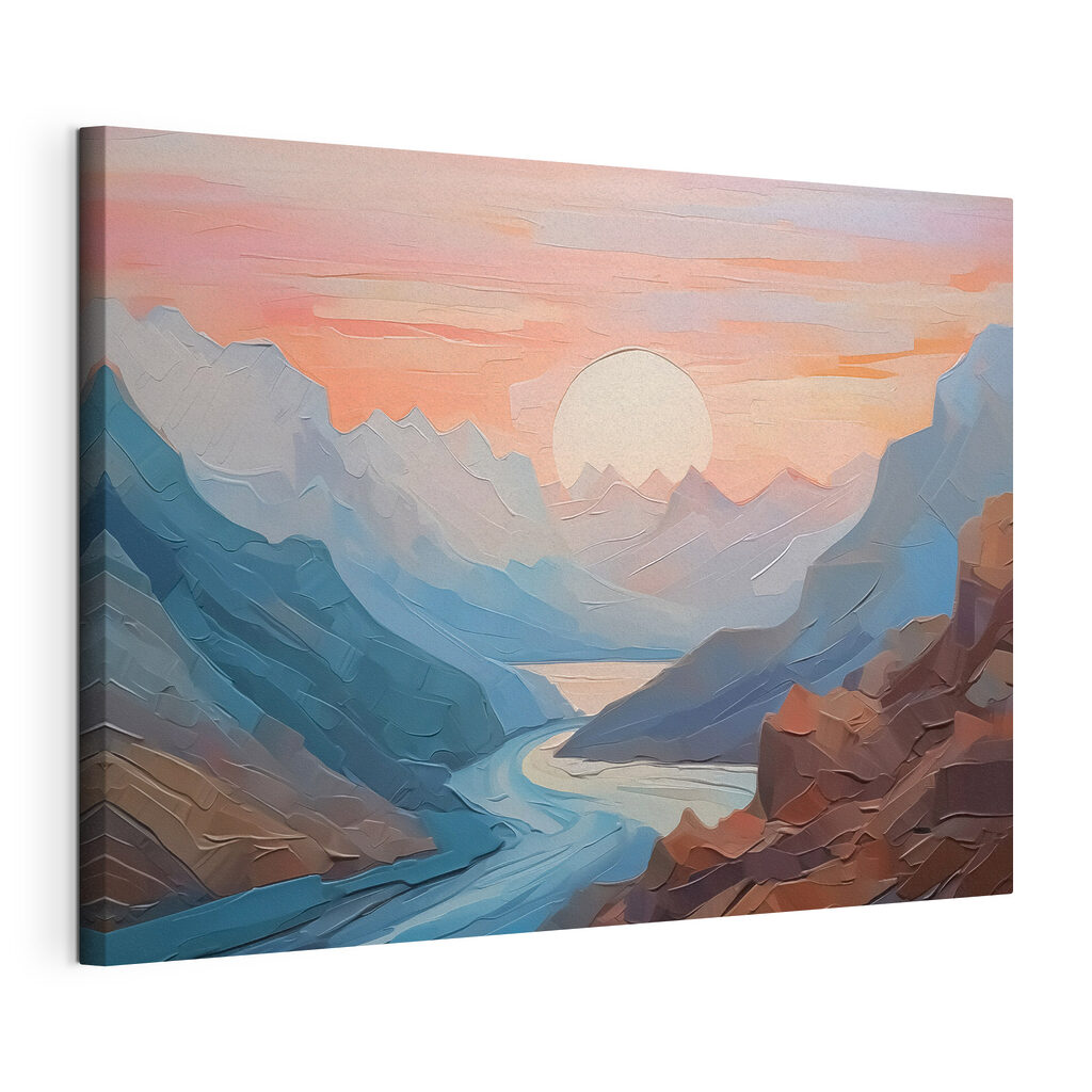 Flussschlucht unter rosa Sonne, gespannte Leinwand mit umlaufender Kante