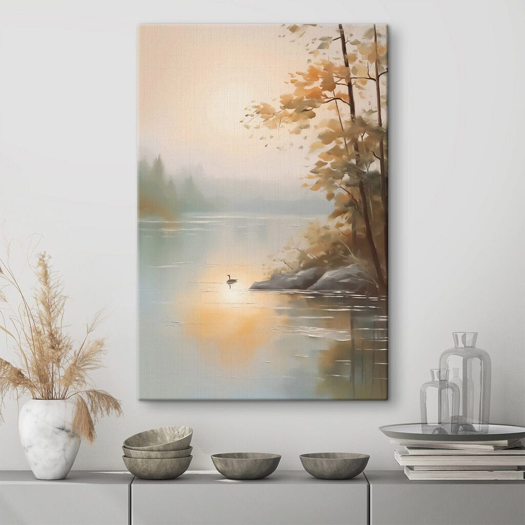 Herbstufer mit kleinem Wasservogel in einem Interieur
