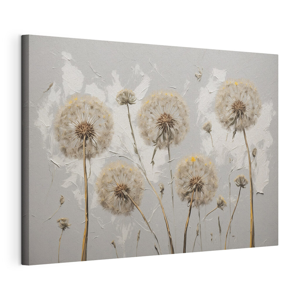 Pusteblumen auf schlanken Stielen, gespannte Leinwand mit umlaufender Kante