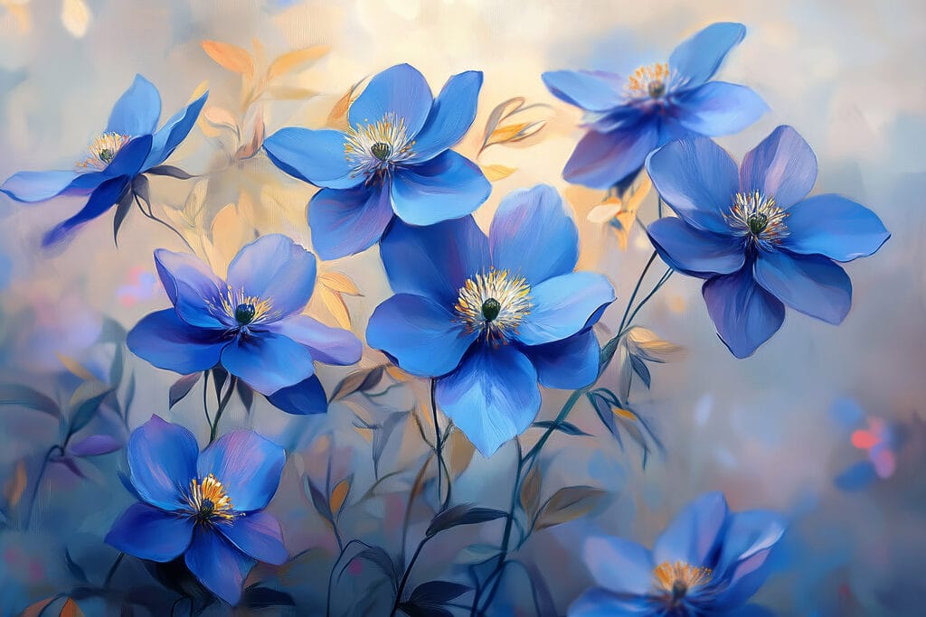 Blaue Blüten, goldene Blätter — ganzes Design