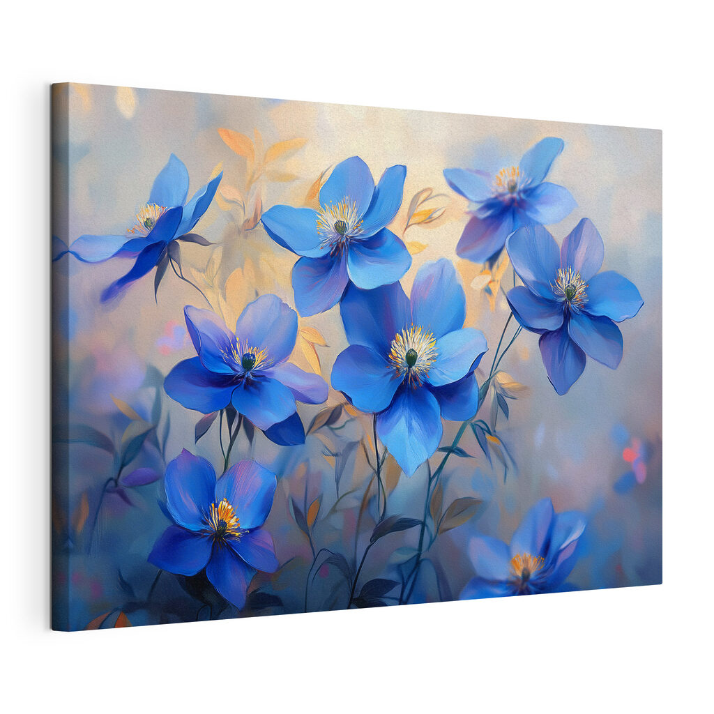 Blaue Blüten, goldene Blätter, gespannte Leinwand mit umlaufender Kante