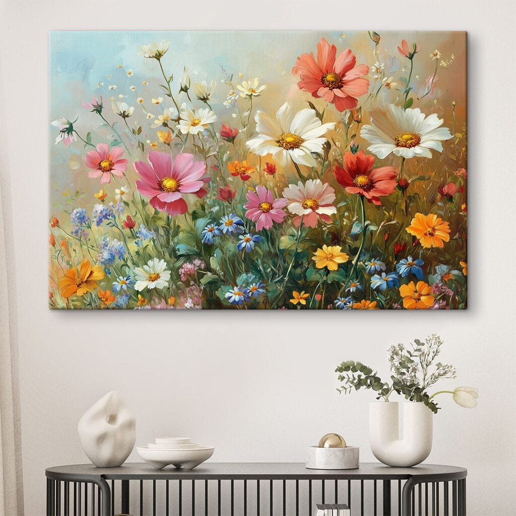 Sommerfeld voller Blüten in einem Interieur