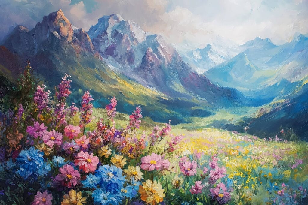 Blumenwiese im blauen Bergtal — ganzes Design