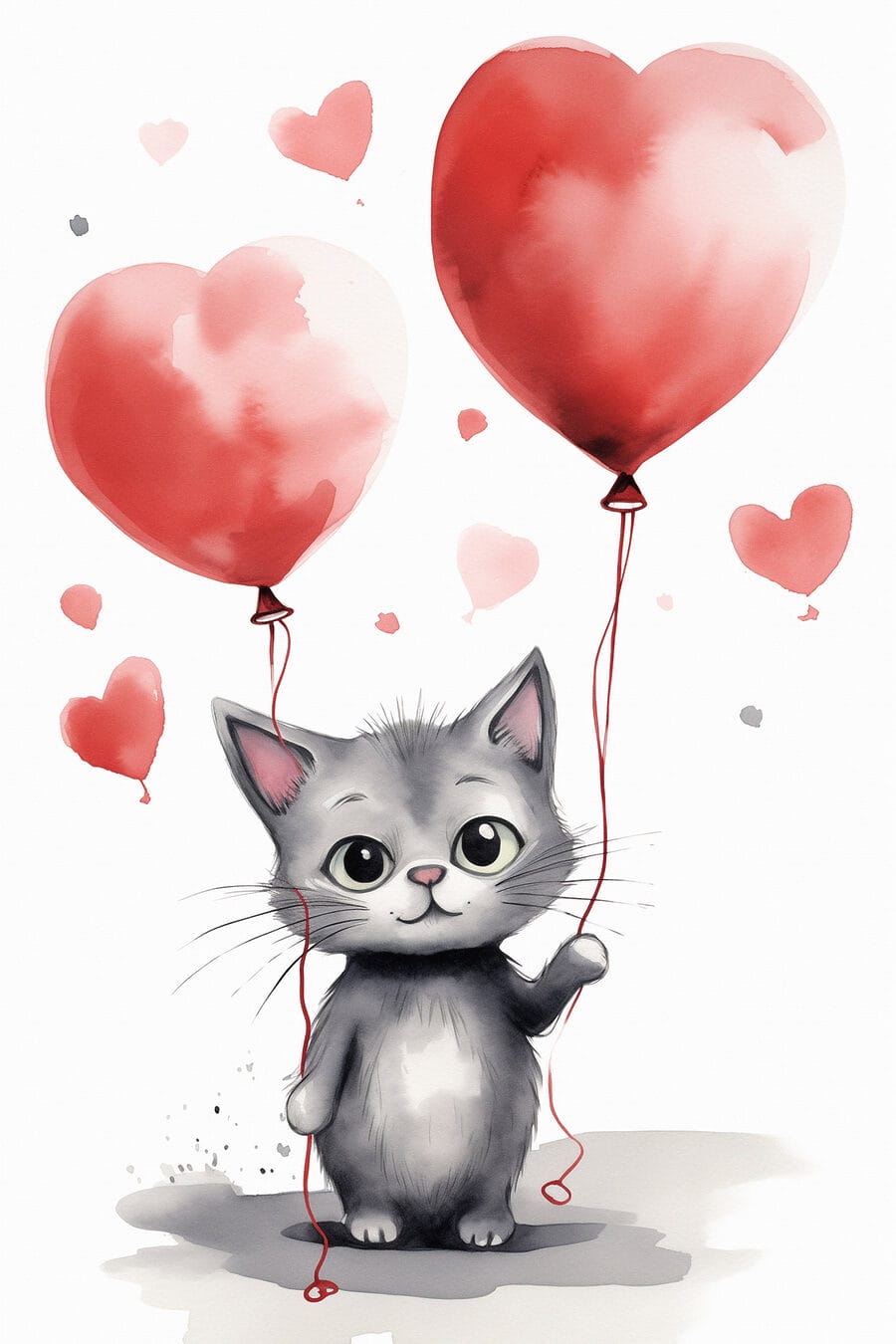 Kätzchen mit zwei Herzballons — ganzes Design