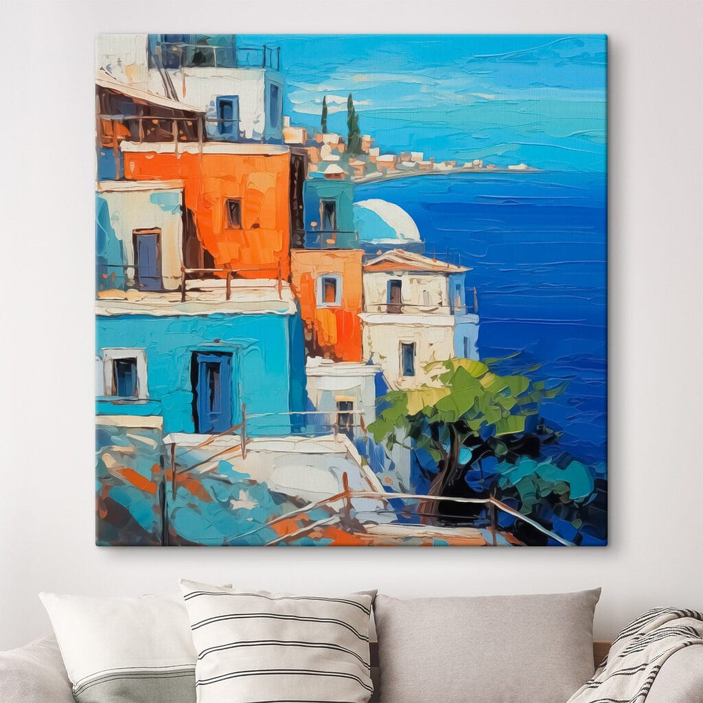Bunte Häuser am Meer in einem Interieur