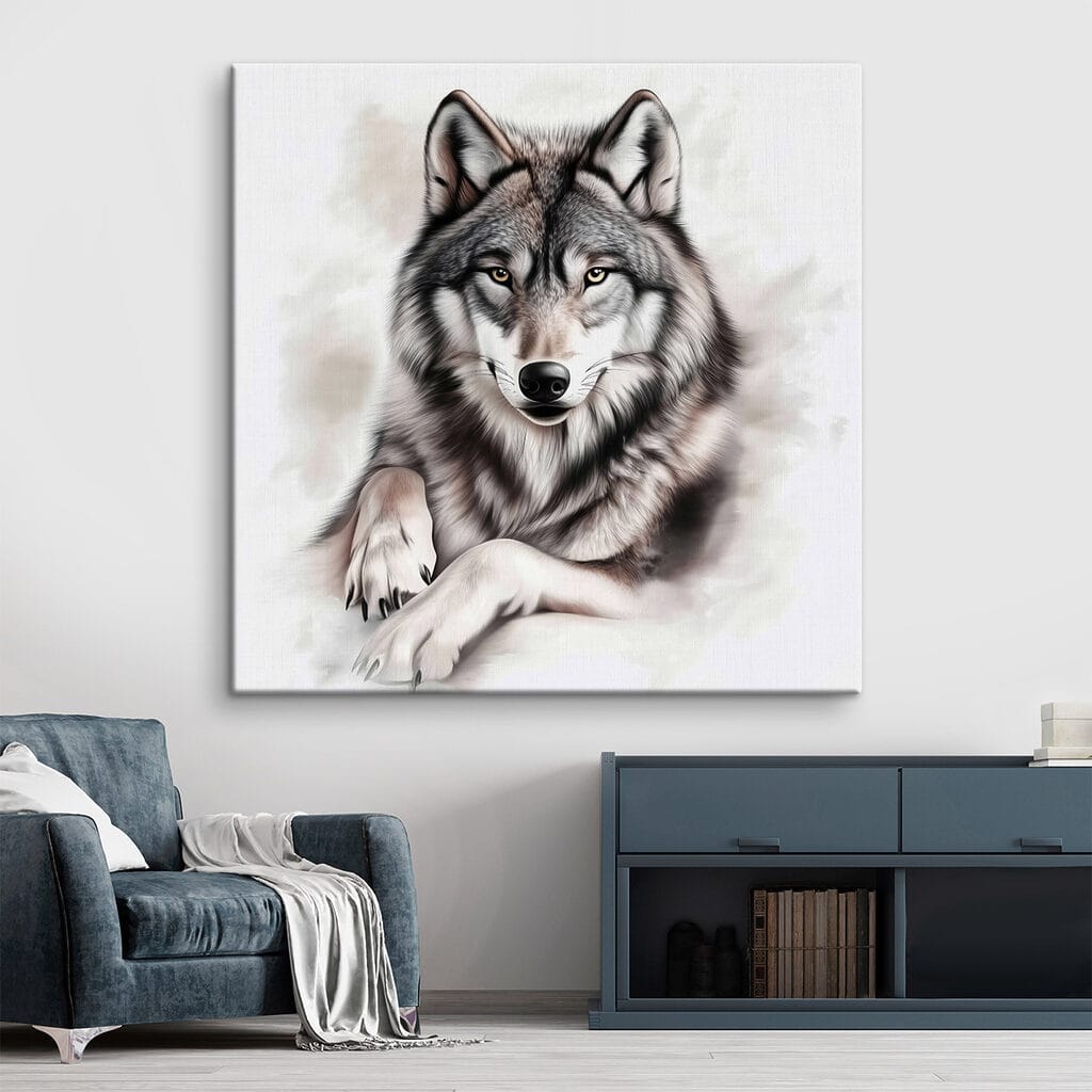 Wolf mit gestreckten Vorderpfoten in einem Interieur