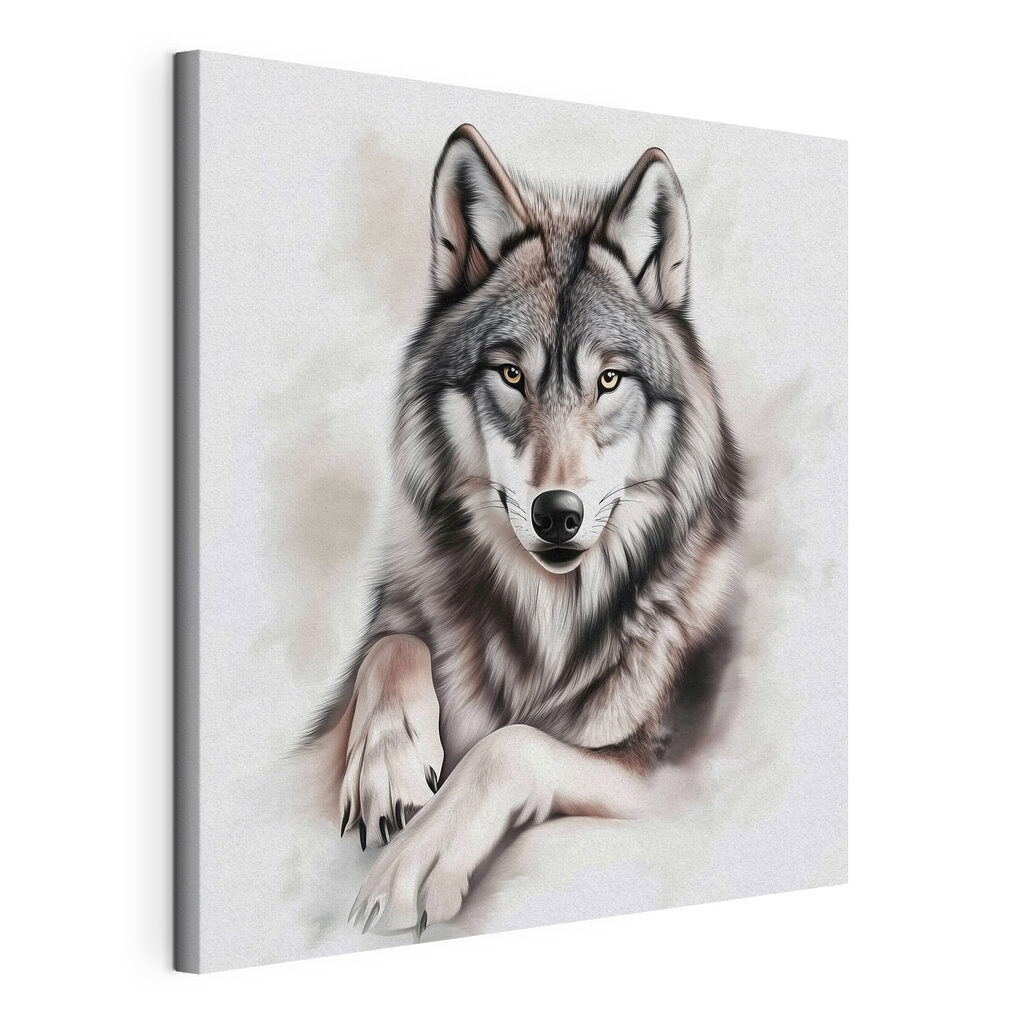Wolf mit gestreckten Vorderpfoten, gespannte Leinwand mit umlaufender Kante