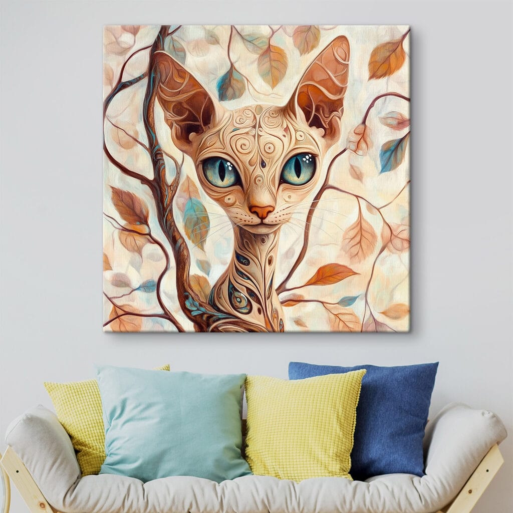 Anmutige Katze im Herbstlaub in einem Interieur