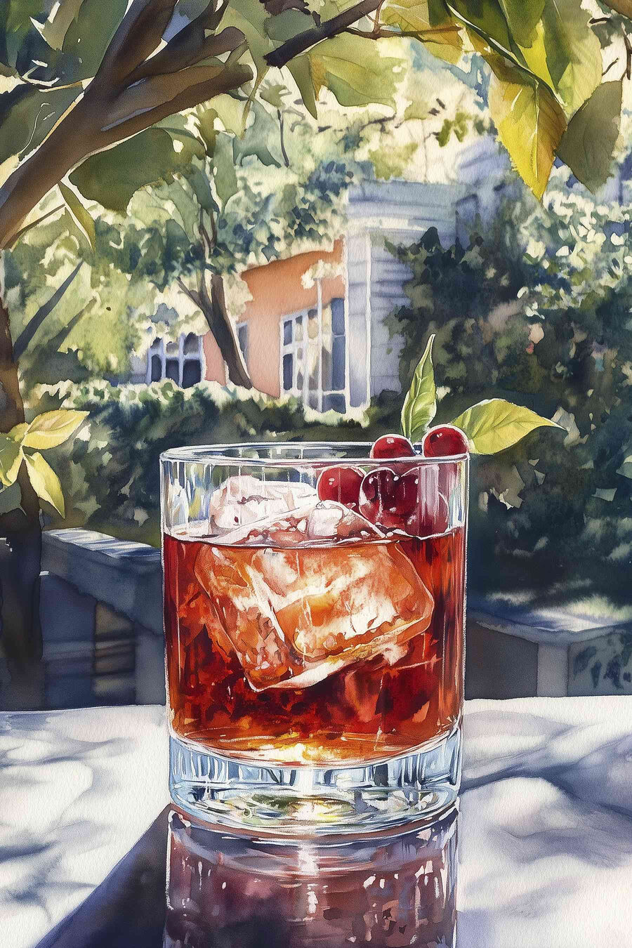 Dunkler Cocktail im Gartenschatten — ganzes Design
