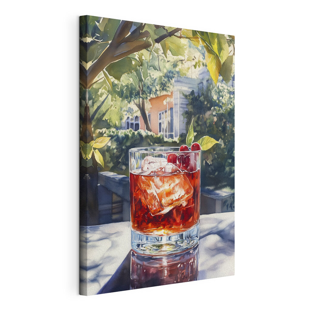 Dunkler Cocktail im Gartenschatten, gespannte Leinwand mit umlaufender Kante