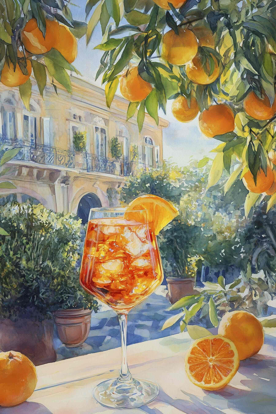 Orangen vor bunten Fassaden — ganzes Design
