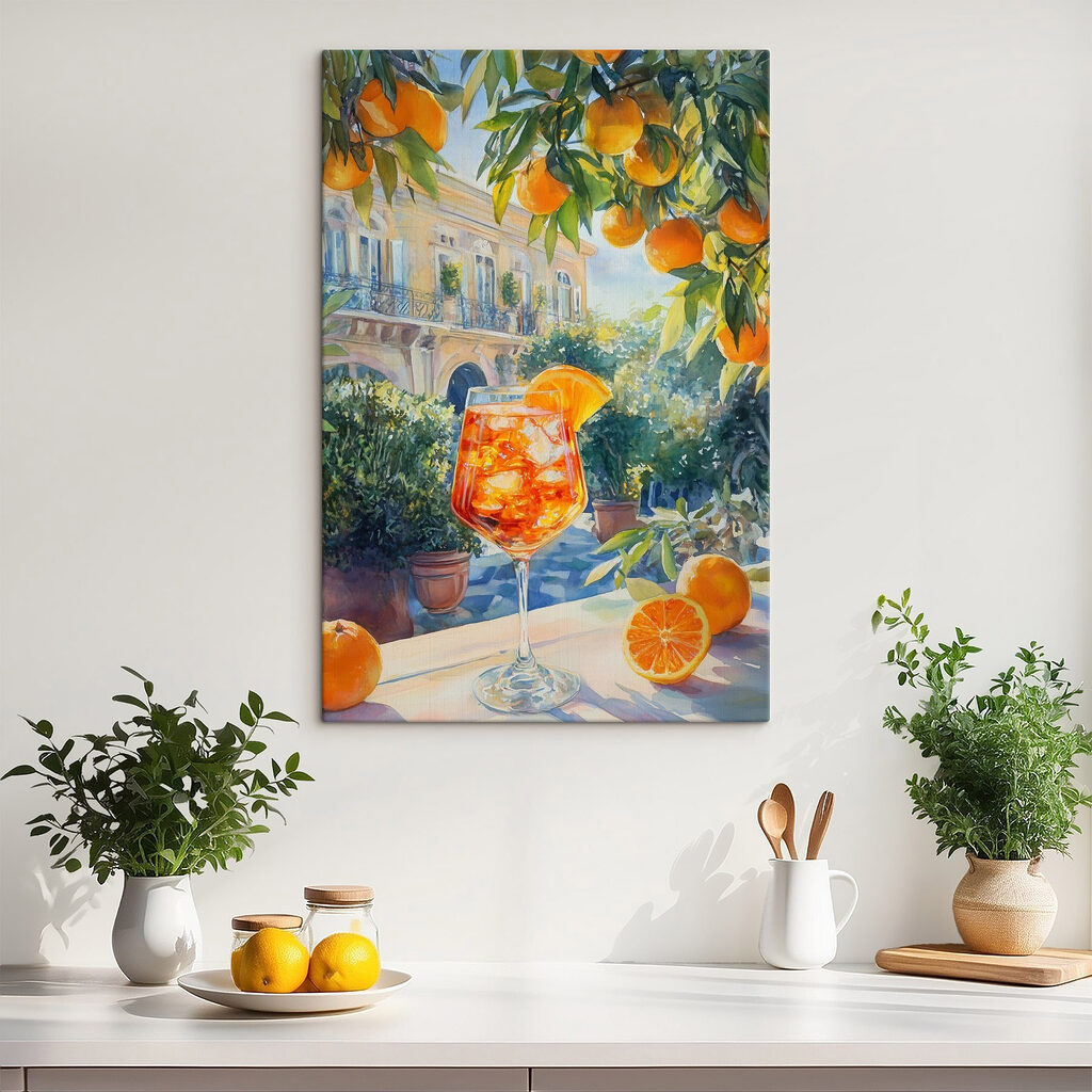 Orangen vor bunten Fassaden in einem Interieur