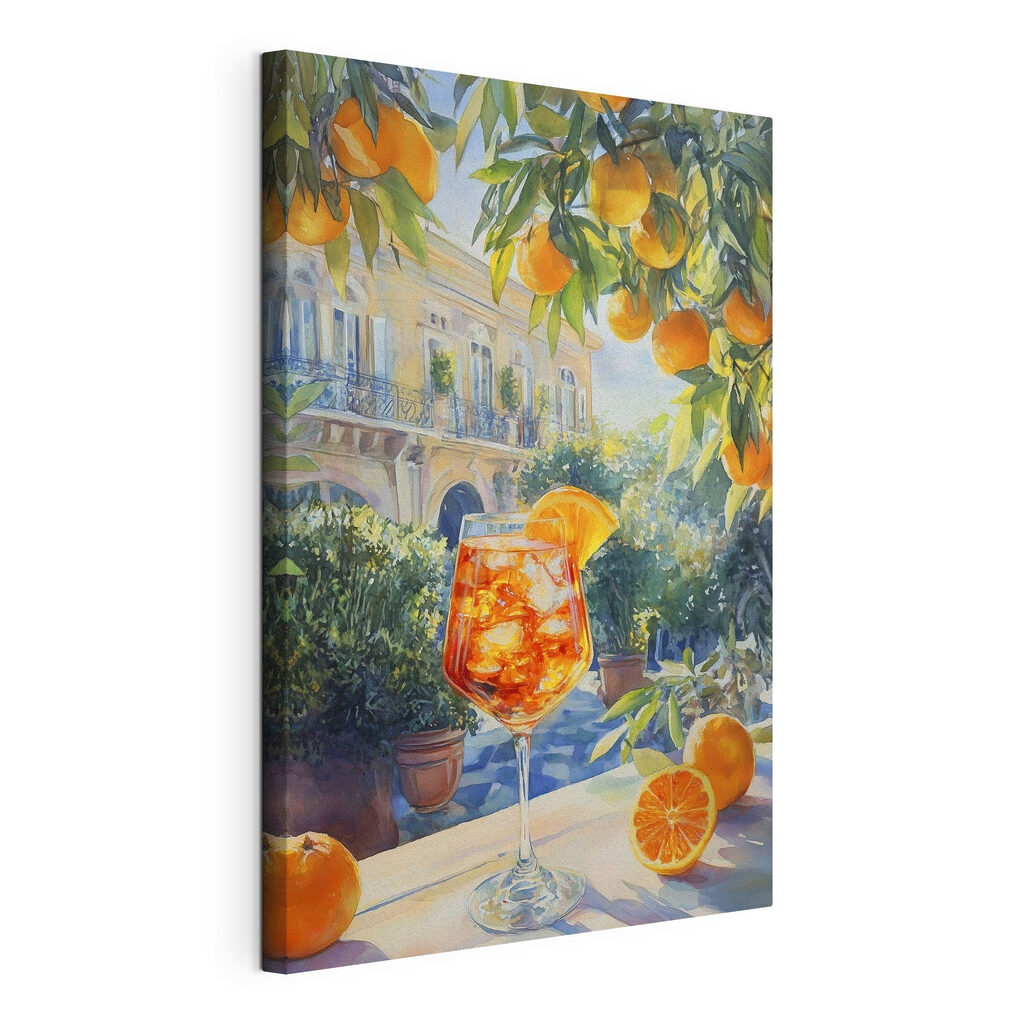 Orangen vor bunten Fassaden, gespannte Leinwand mit umlaufender Kante