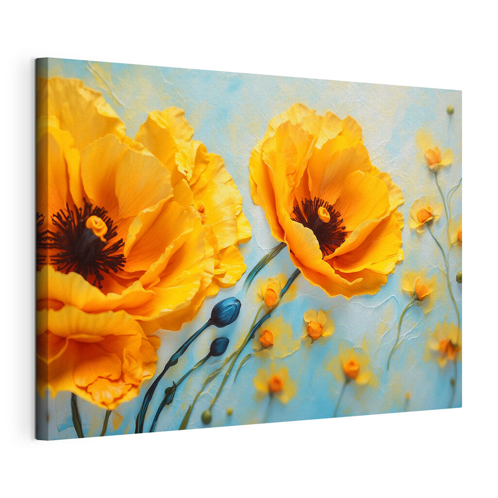 Orangefarbener Mohn auf Himmelblau, gespannte Leinwand mit umlaufender Kante