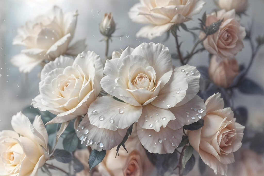 Cremeweiße Rosen mit Tropfen — ganzes Design