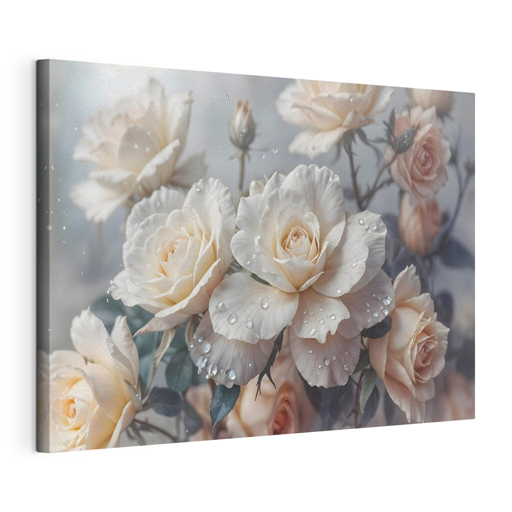 Cremeweiße Rosen mit Tropfen, gespannte Leinwand mit umlaufender Kante