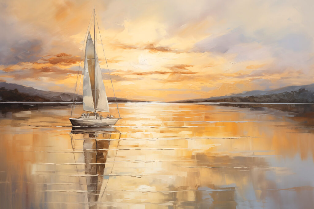 Einsames Segelboot im Abendgold — ganzes Design