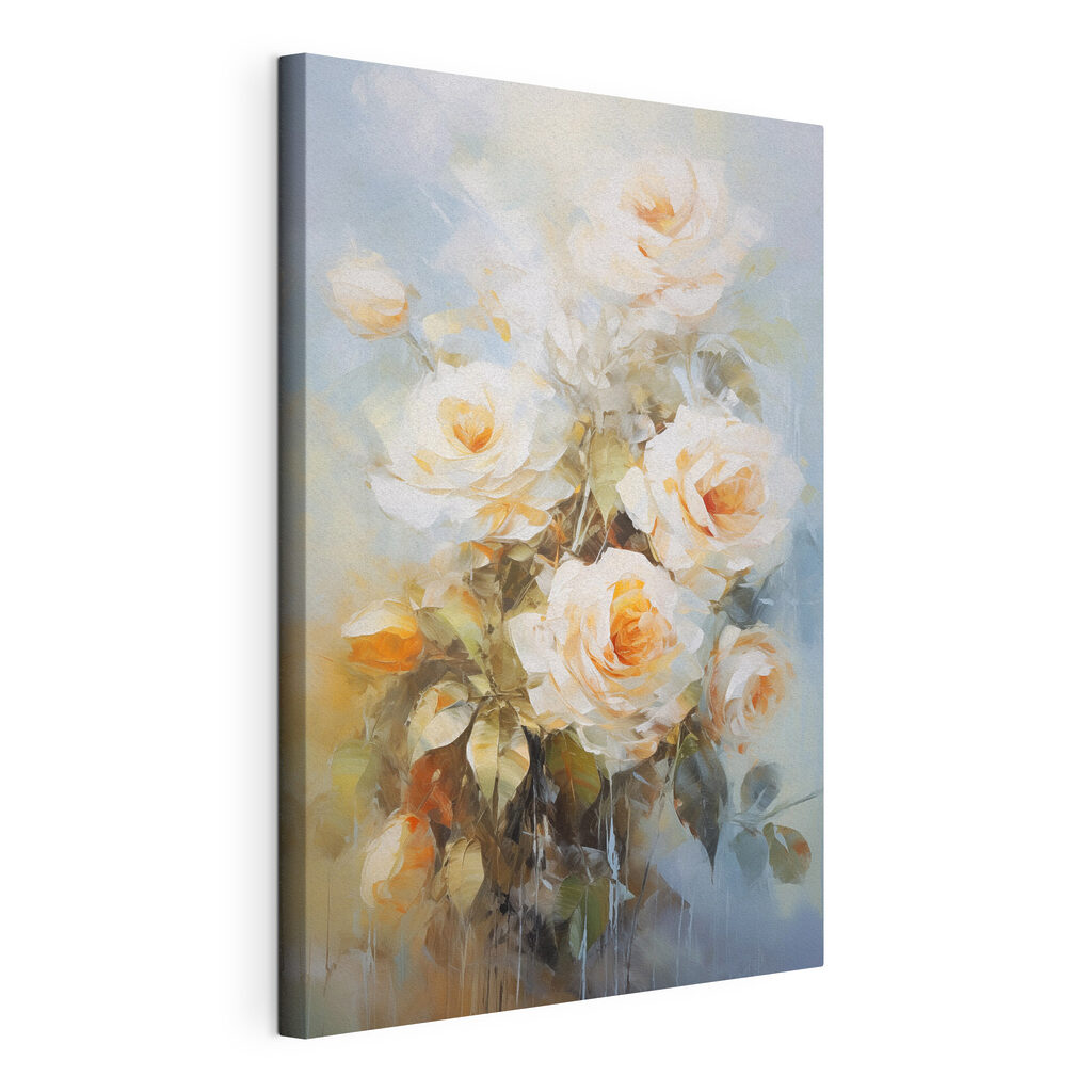 Cremeweiße Rosen mit Farbspuren, gespannte Leinwand mit umlaufender Kante