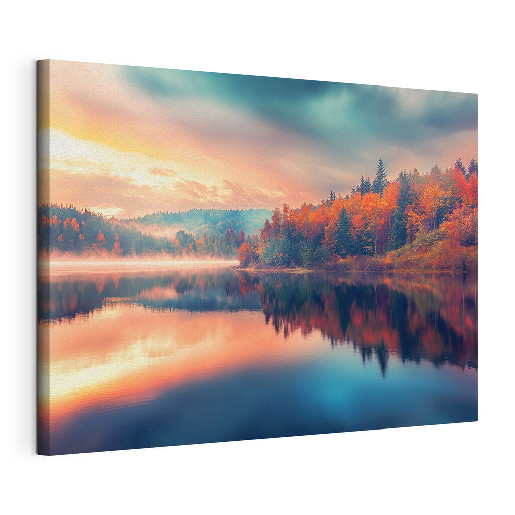 Herbstsee in stiller Spiegelung, gespannte Leinwand mit umlaufender Kante
