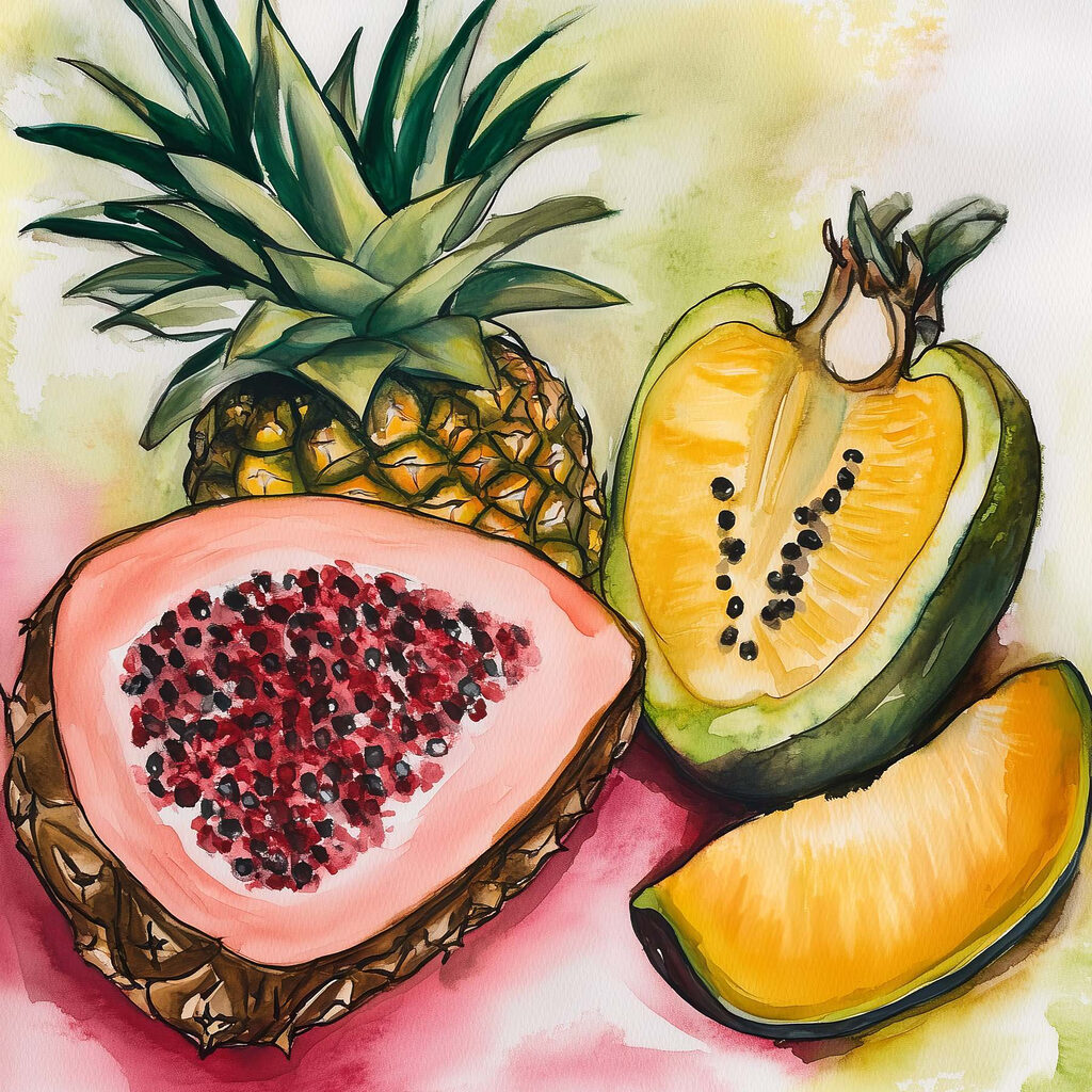 Tropische Früchte in Aquarell — ganzes Design