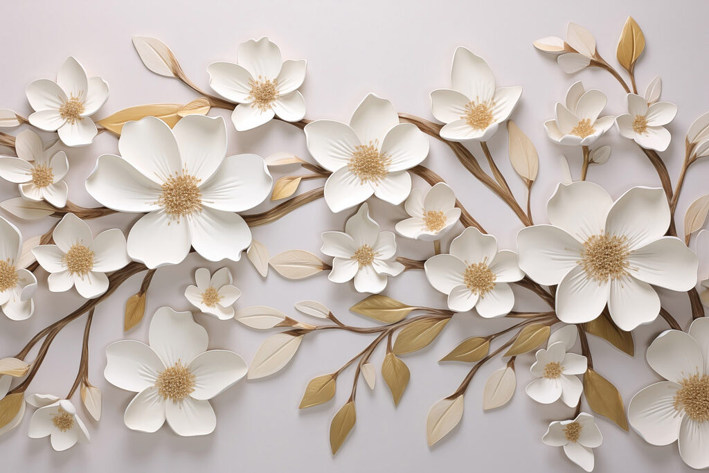 Weiße Blüten, goldene Linien — ganzes Design
