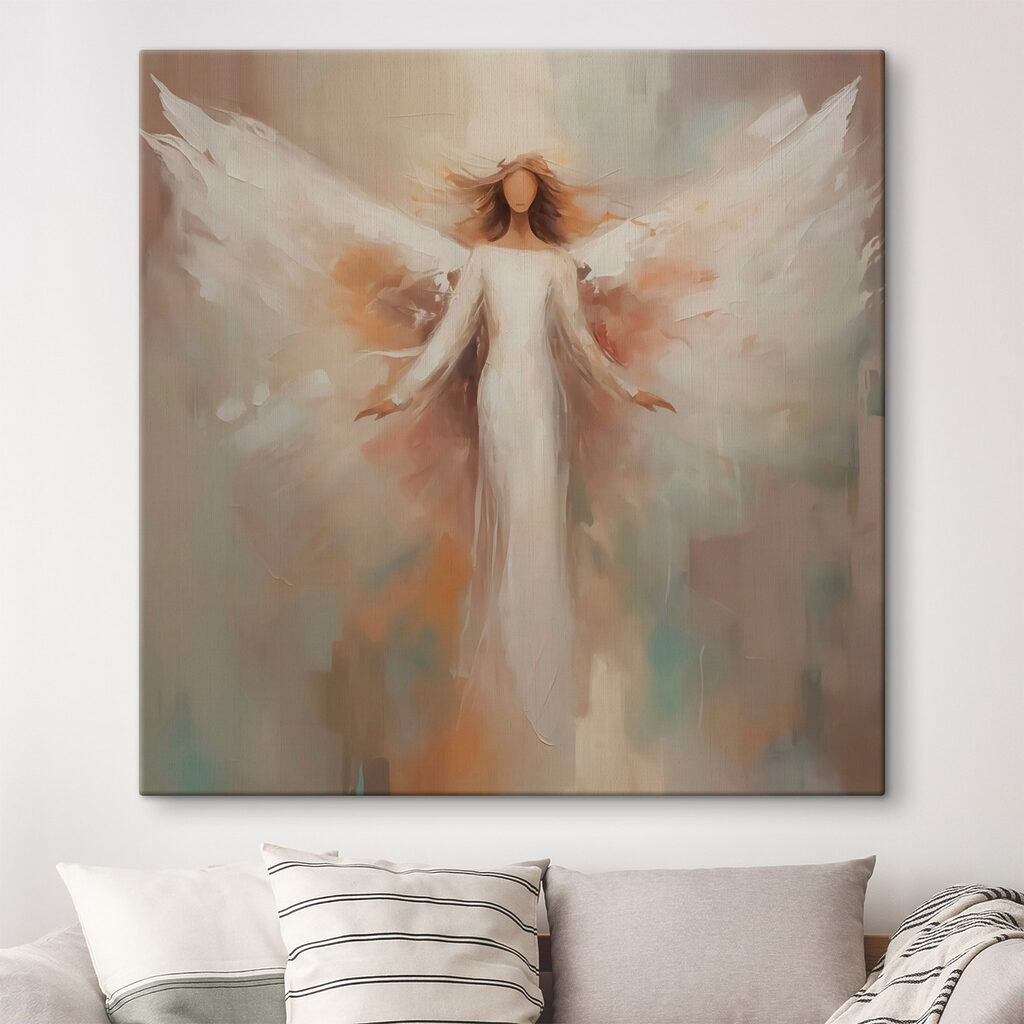 Engel mit weißen Flügeln in einem Interieur