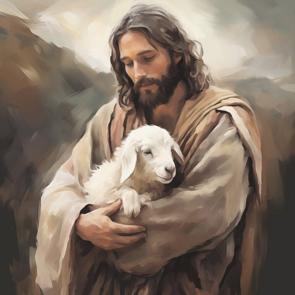Jesus mit weißem Lamm — ganzes Design