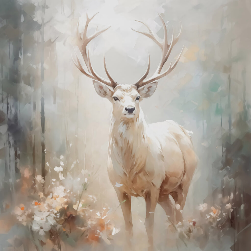 Weißer Hirsch im Waldnebel — ganzes Design