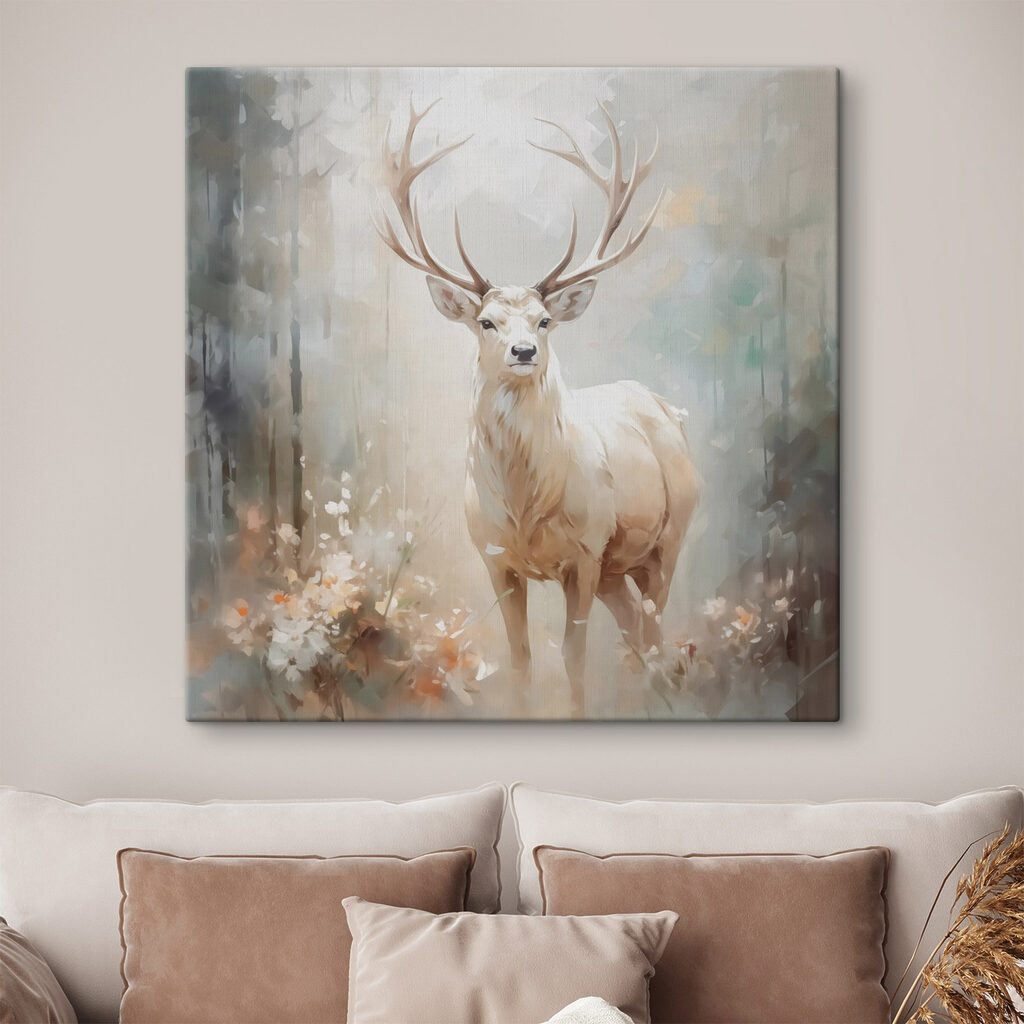 Weißer Hirsch im Waldnebel in einem Interieur