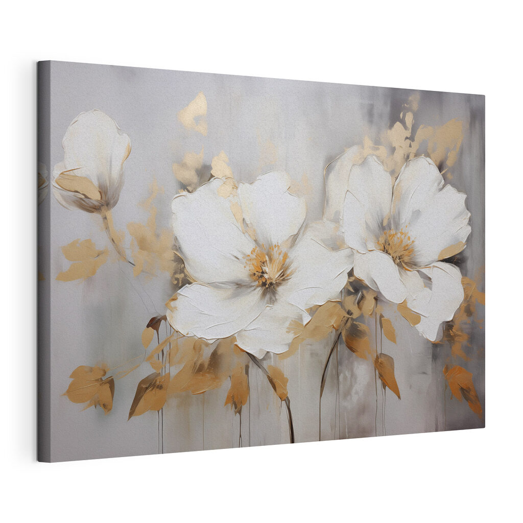 Blüten und Goldblättchen, gespannte Leinwand mit umlaufender Kante