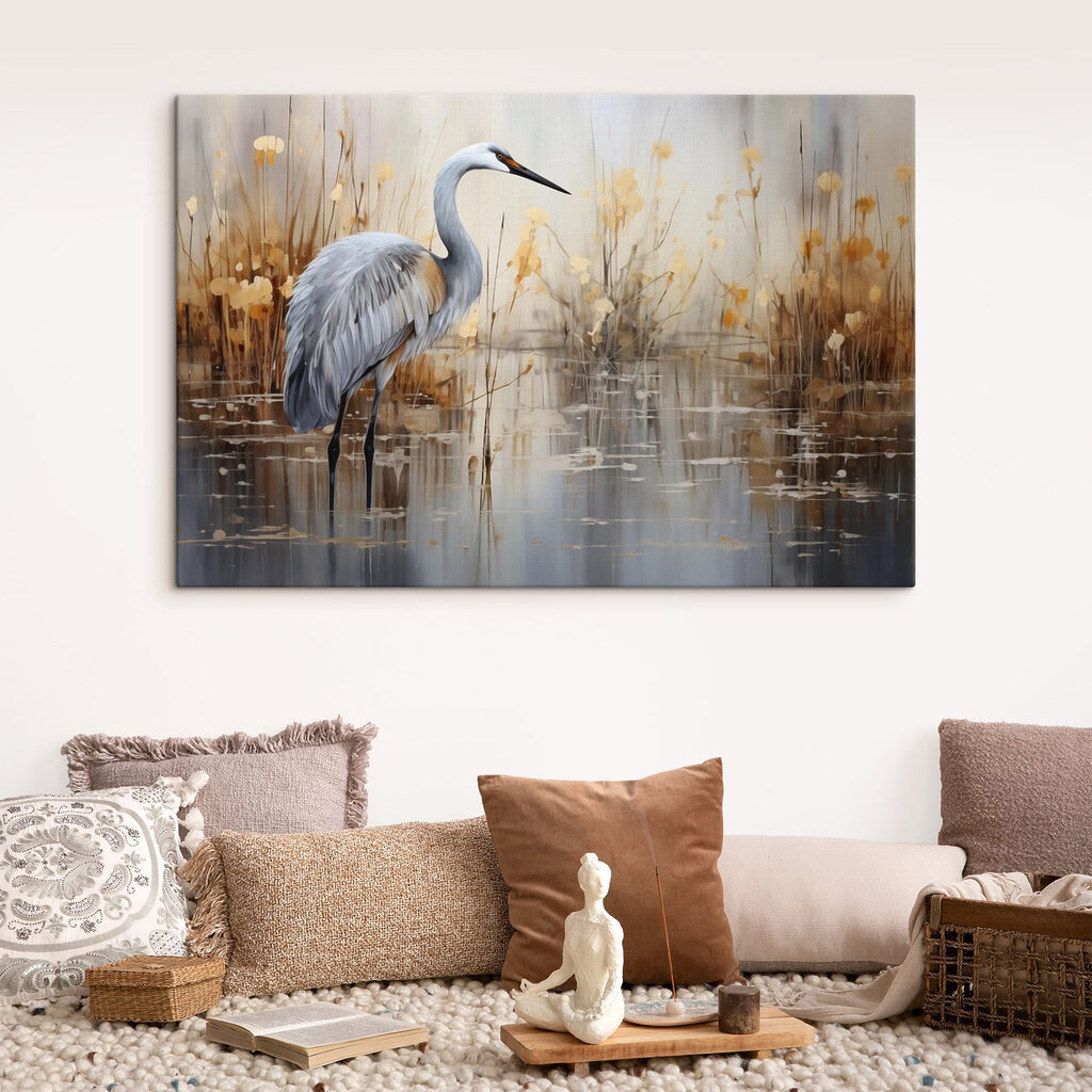 Reiher zwischen goldenen Halmen in einem Interieur