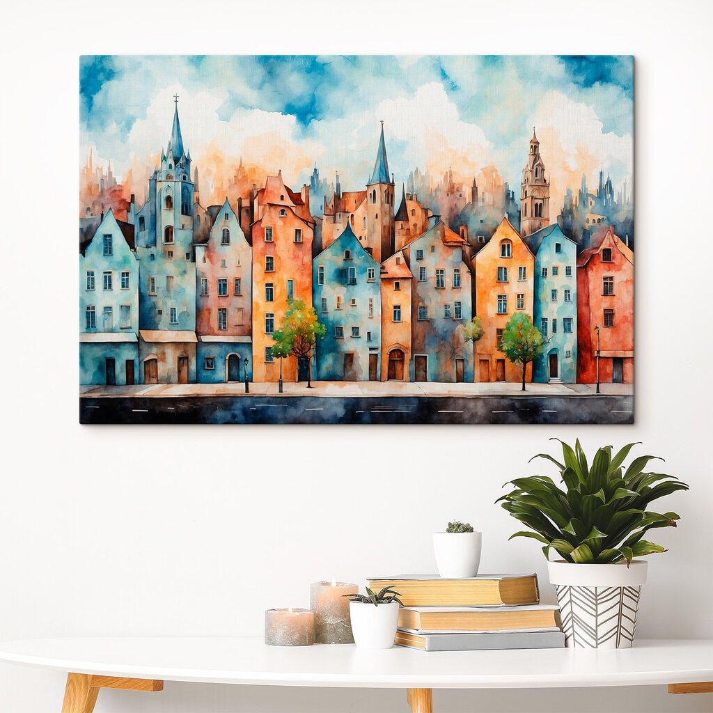Bunte Fassaden unter Türmen in einem Interieur