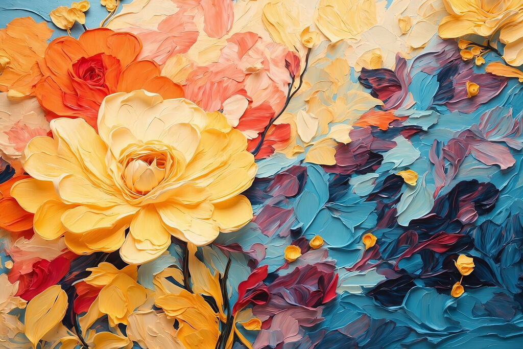 Gelbe Rosen, korallrote Striche — ganzes Design