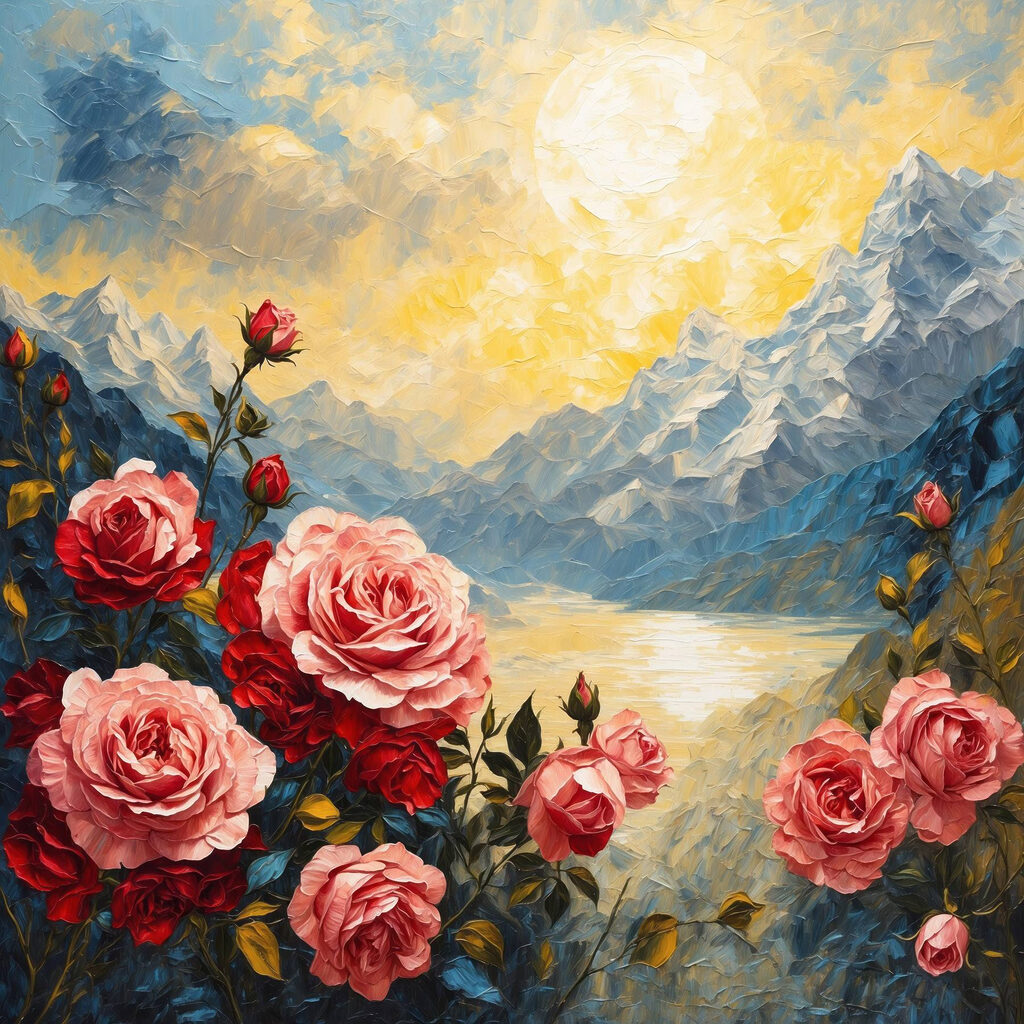 Rosen über blauem Bergsee — ganzes Design