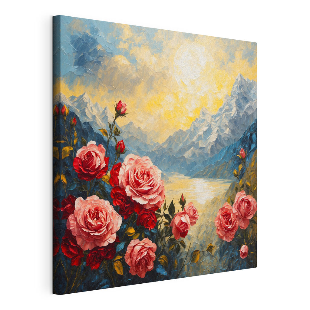 Rosen über blauem Bergsee, gespannte Leinwand mit umlaufender Kante