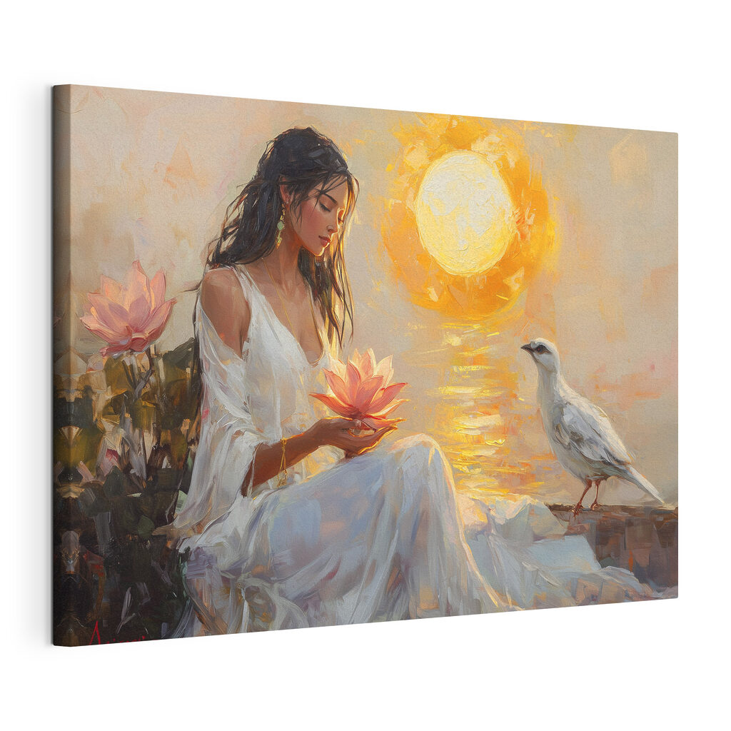 Lotus und weiße Möwe, gespannte Leinwand mit umlaufender Kante