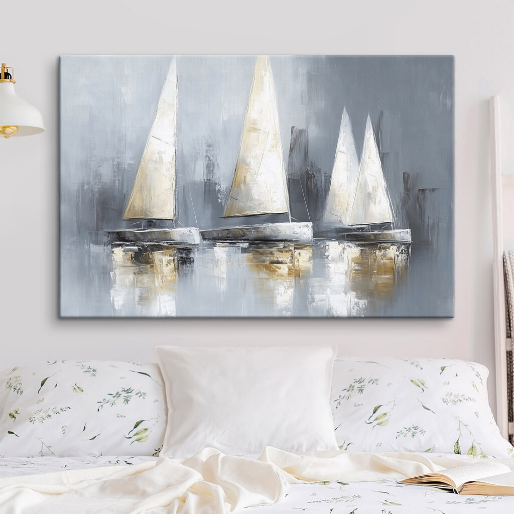 Segel vor grauem Hafen in einem Interieur