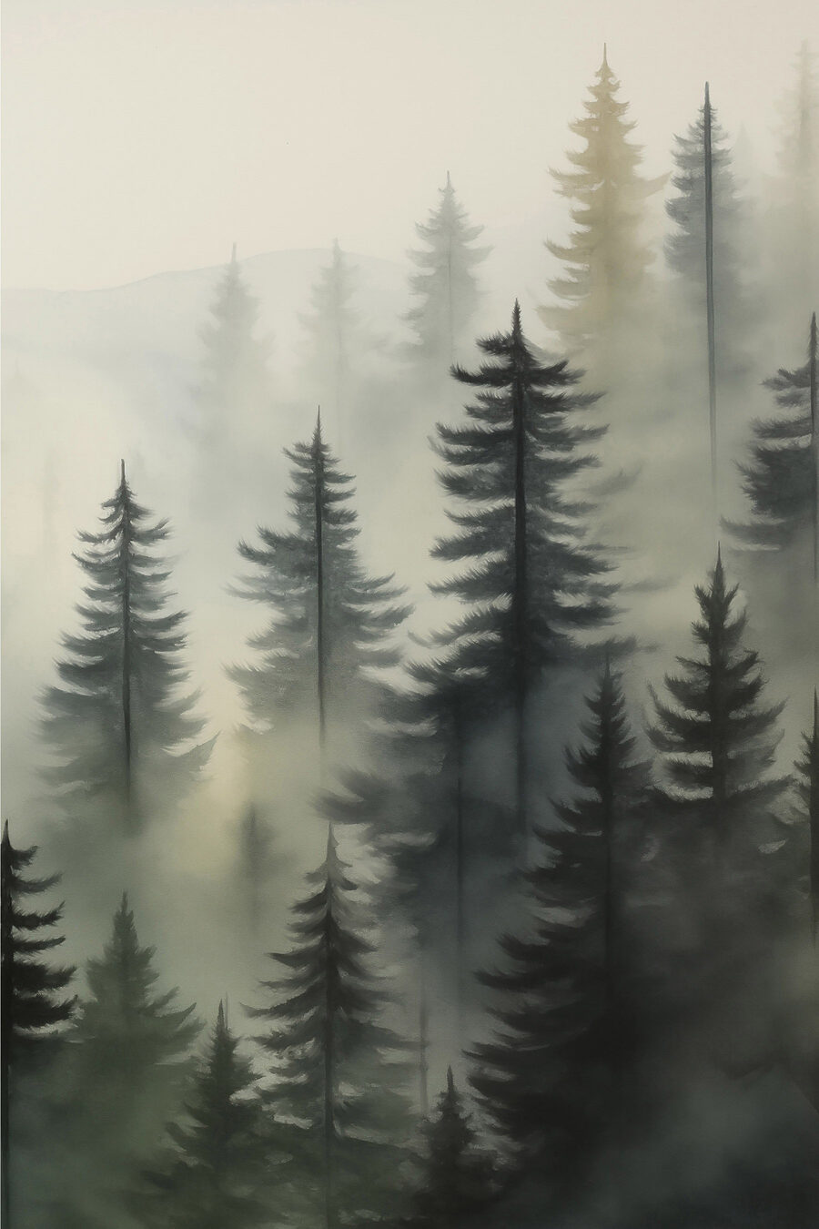 Kiefern im graugrünen Nebel — ganzes Design