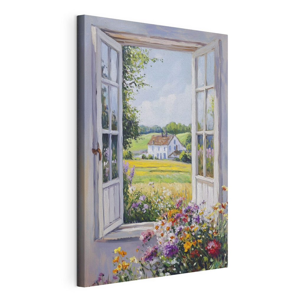 Offenes Fenster zur Blumenwiese, gespannte Leinwand mit umlaufender Kante
