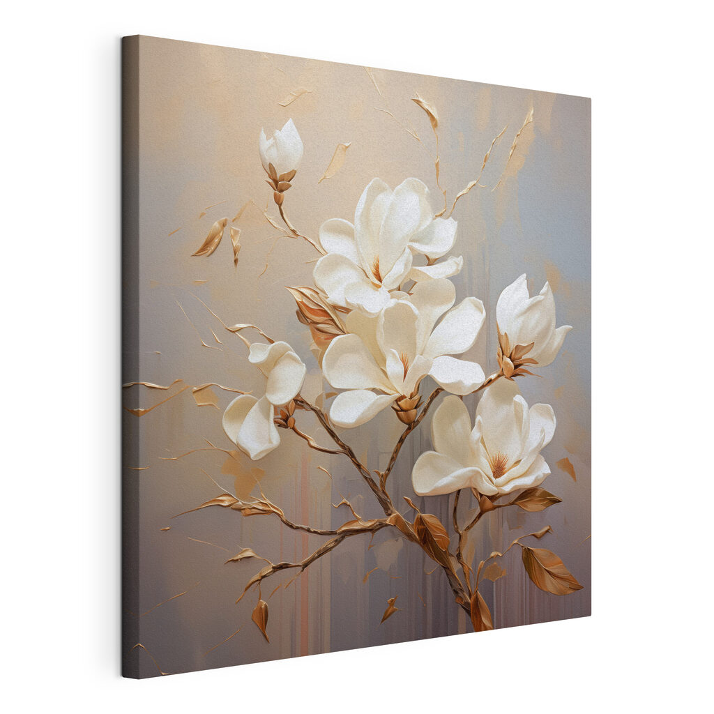 Weiße Magnolie an Zweigen, gespannte Leinwand mit umlaufender Kante