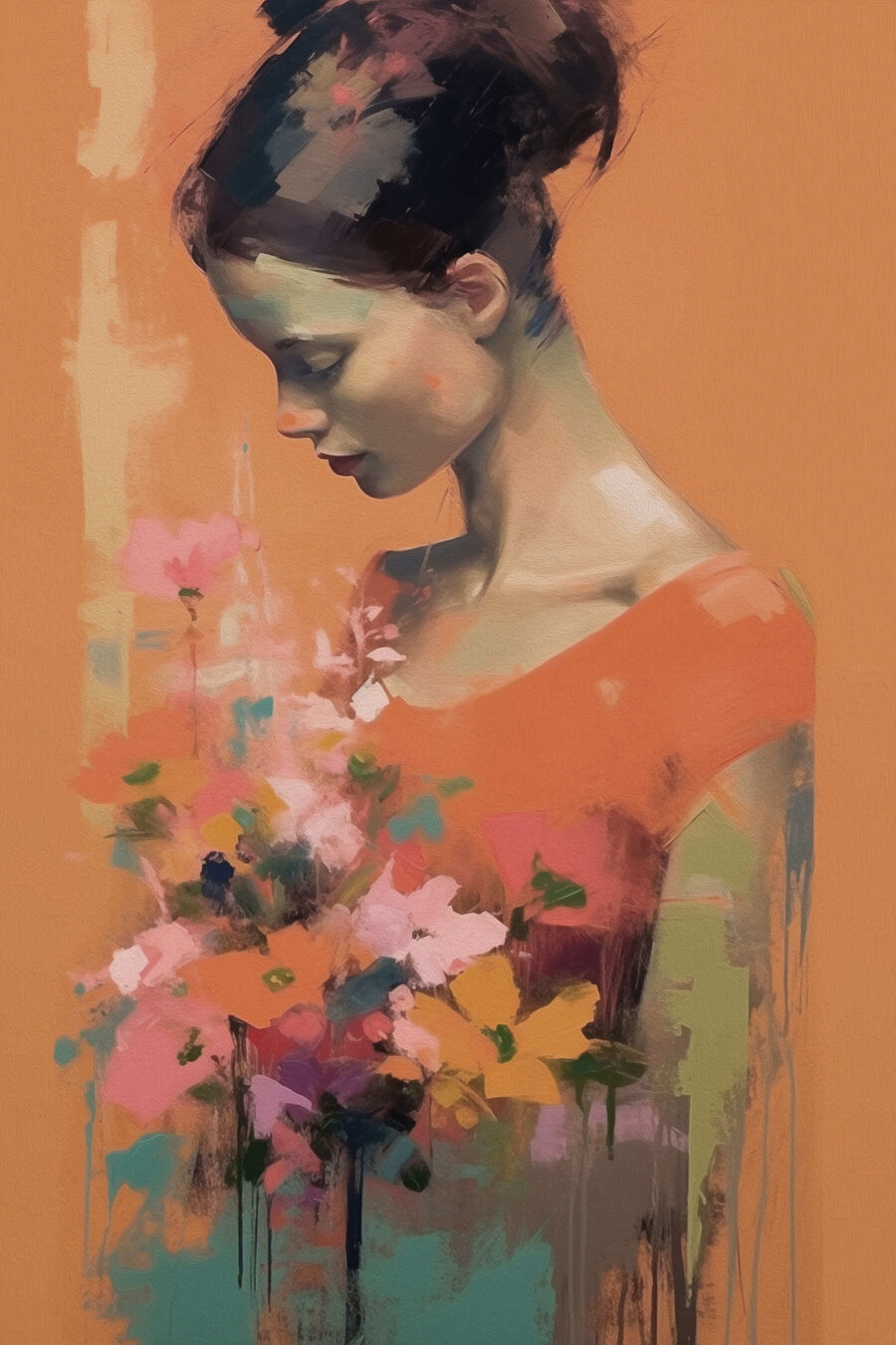 Orangefarbenes Kleid mit Blumen — ganzes Design