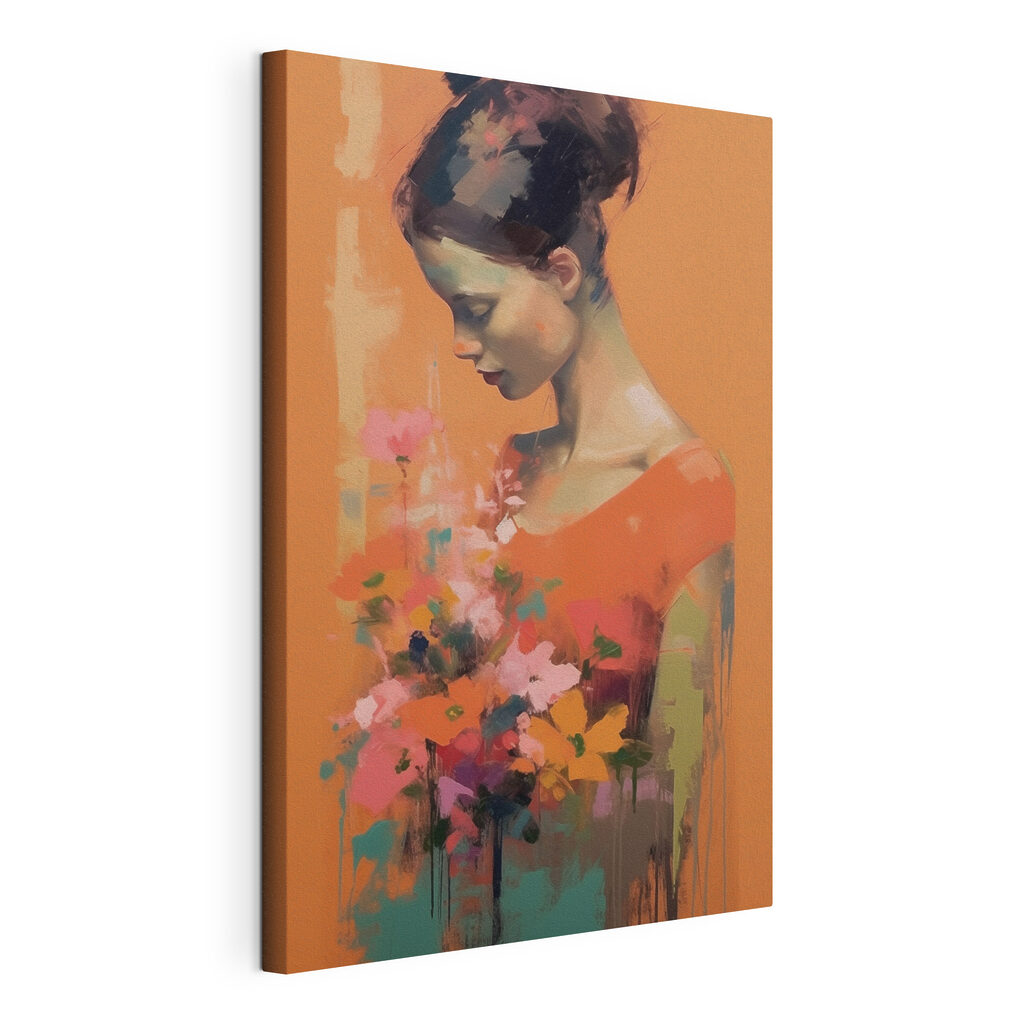Orangefarbenes Kleid mit Blumen, gespannte Leinwand mit umlaufender Kante